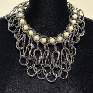 Gunmetal Statement Bib and Faux Pearl Necklace